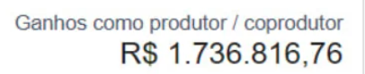 R$1.736.816,76 COMO PRODUTOR / COPRODUTOR.